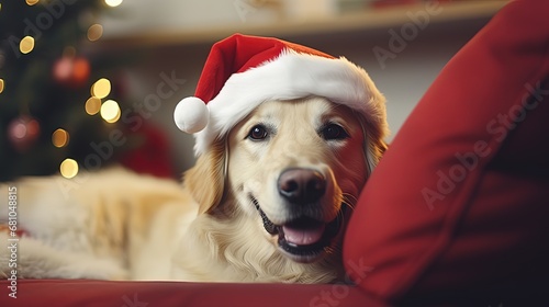 a golden retriever dog wearing Santa with Christmas tree bokeh lights, happy fun time , generative Ai