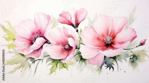 Abstract illustration of large, pink flowers in watercolor technique on white background. Print for printing