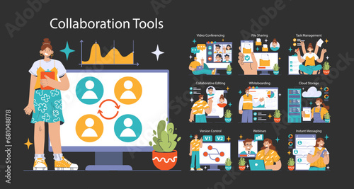 Collaboration tools dark or night mode set. Diverse professionals using technology for teamwork. Video conferencing, cloud storage, task management. Enhancing productivity. Flat vector illustration