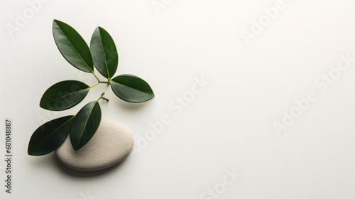  a white rock with a green leaf on top of it next to a white rock with a green leaf on top of it, on a white background with a white surface.