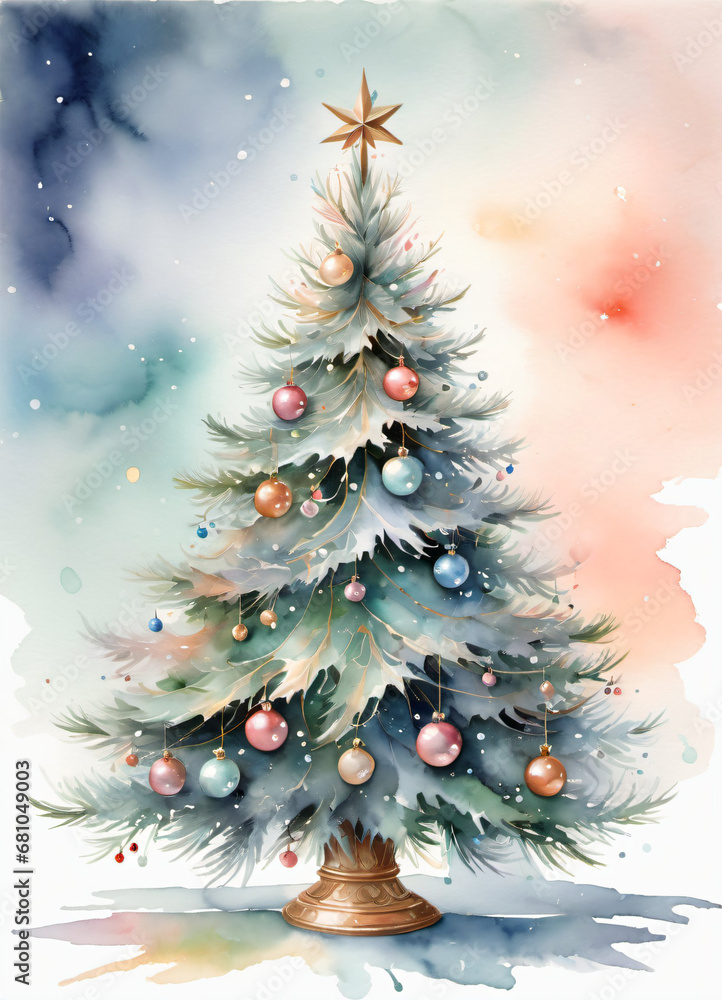 Watercolor Christmas tree fluyer or greetings card background