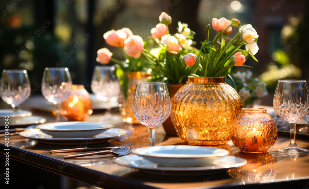 Preserved table for Easter celebration in the spring garden Preserved table for Easter celebration in the spring garden