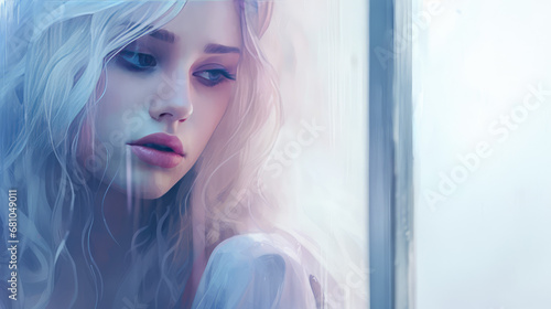 Illustration portrait of a young beautiful sad depressed woman against a rainy window.