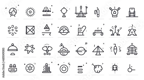 Large set of Chemistry lab and diagrammatic icons showing assorted experiments, glassware and molecules isolated on white for design elements, black and white vector illustration photo