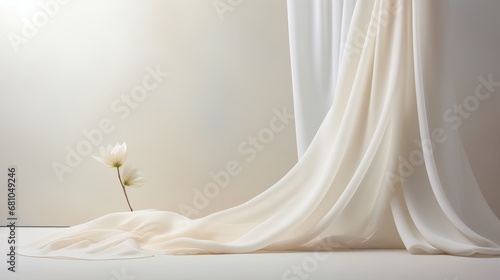  a white flower sitting on top of a white floor next to a white cloth covered window with a white curtain in front of it and a white wall behind it.