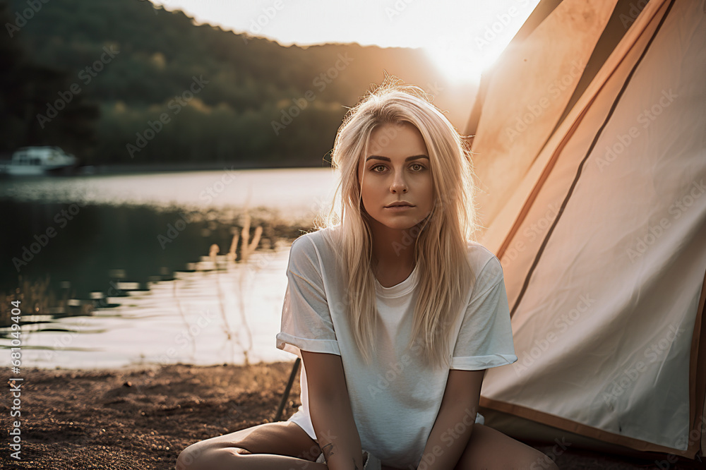young blonde woman sitting cross-legged in front of a tent by a lake during sunset, ai generative