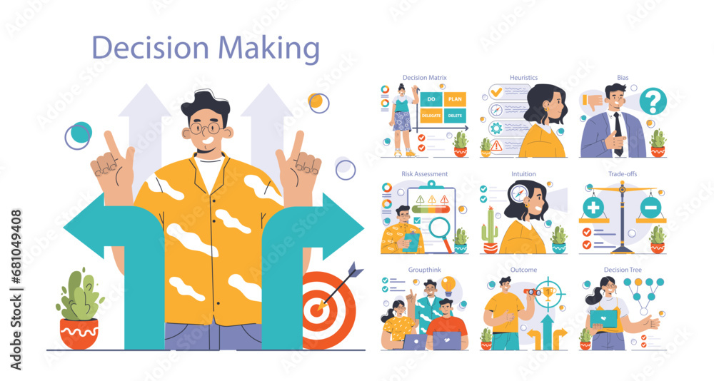 Decision-making set. Strategic thinking, brainstorming and solution research. Multiple options dilemma. Pros and cons , risk and benefits analysis. Flat vector illustration