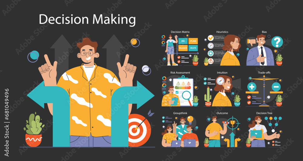Decision-making dark or night mode set. Strategic thinking, brainstorming and solution research. Multiple options dilemma. Pros and cons , risk and benefits analysis. Flat vector illustration - obrazy, fototapety, plakaty 