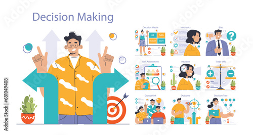 Decision-making set. Strategic thinking, brainstorming and solution research. Multiple options dilemma. Pros and cons , risk and benefits analysis. Flat vector illustration
