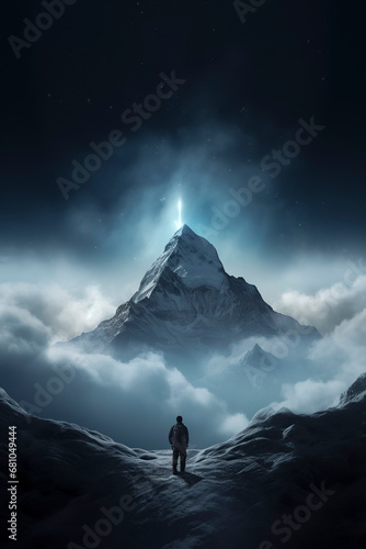a person standing in front of a snow-covered mountain peak with a bright light shining from the top under a starry sky, ai generative
