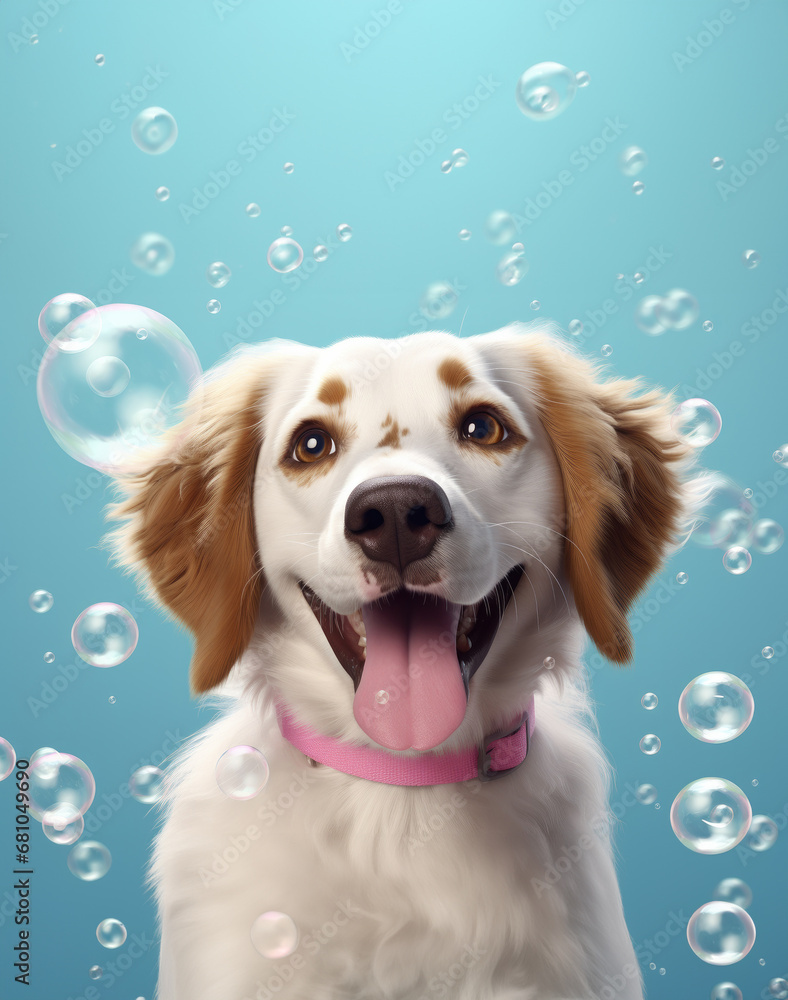 A cute little dog taking a bubble bath with his paws up on bubble the rim of the tub A cute little dog taking a bubble bath with his paws up on bubble the rim of the tub