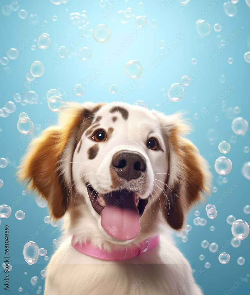 A cute little dog taking a bubble bath with his paws up on bubble the rim of the tub A cute little dog taking a bubble bath with his paws up on bubble the rim of the tub