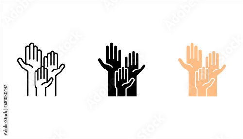 Voting hands line icon set. raising hands icon set, People vote by hand sign. vector illustration on white background