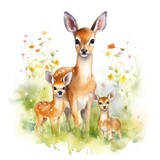watercolor representation of a deer family in a garden filled with colorful flowers. The parent deer and fawn are depicted playing in the natural setting among the vibrant blooms.