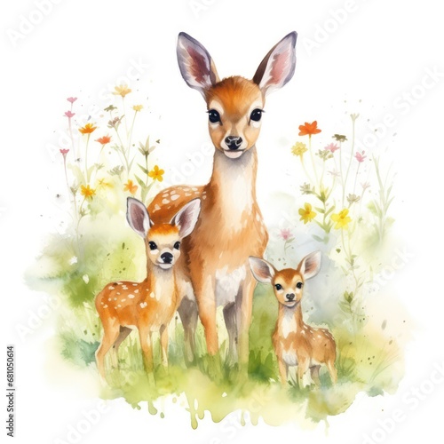 watercolor representation of a deer family in a garden filled with colorful flowers. The parent deer and fawn are depicted playing in the natural setting among the vibrant blooms. © Matthew