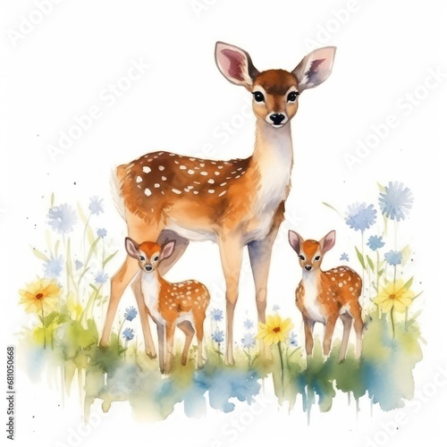 Watercolor illustration showcasing a family of deer in a safari garden adorned with colorful flowers. The adult deer and fawn are enjoying playful moments surrounded by vibrant blossoms.
