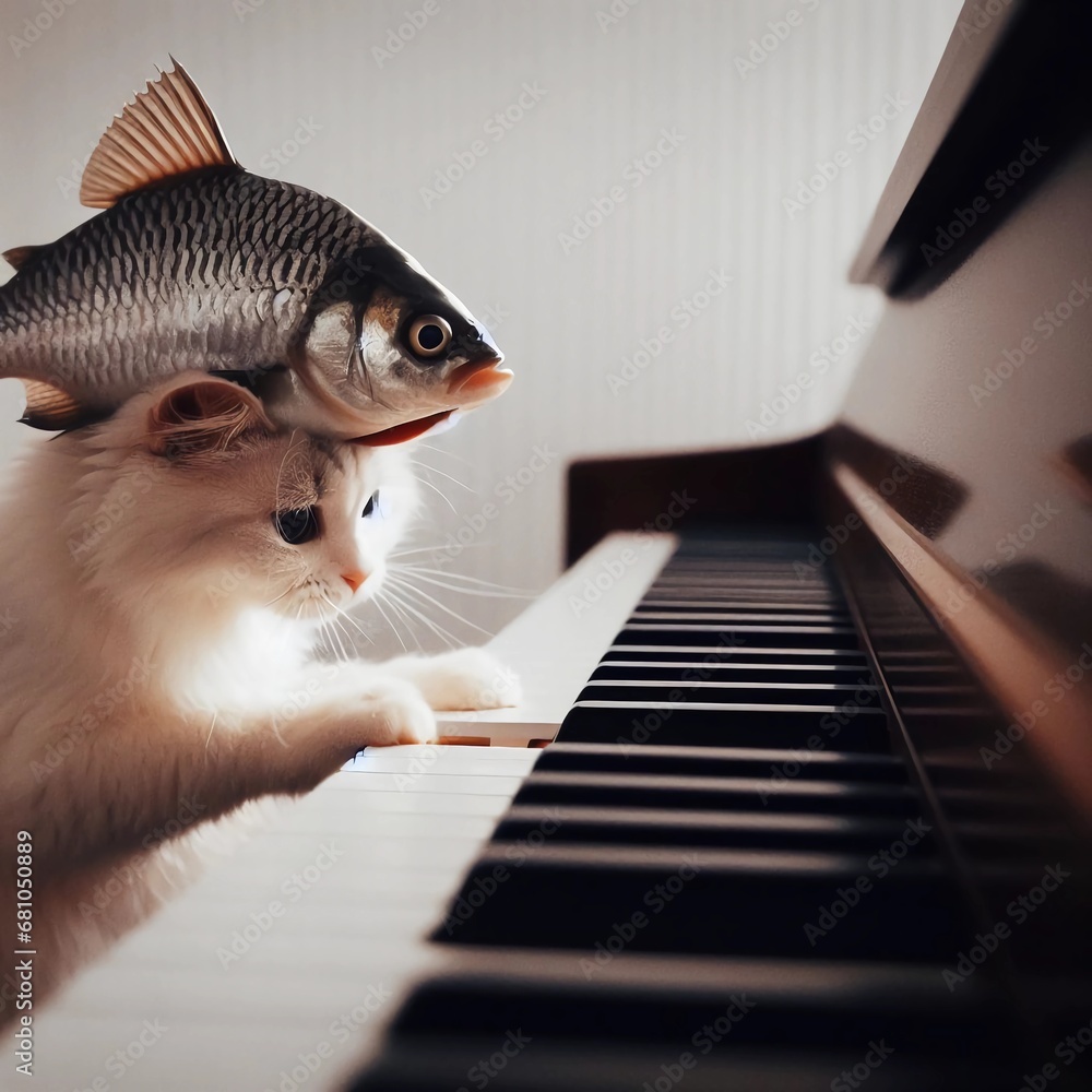 Cats playing piano in the most funny way - obrazy, fototapety, plakaty 