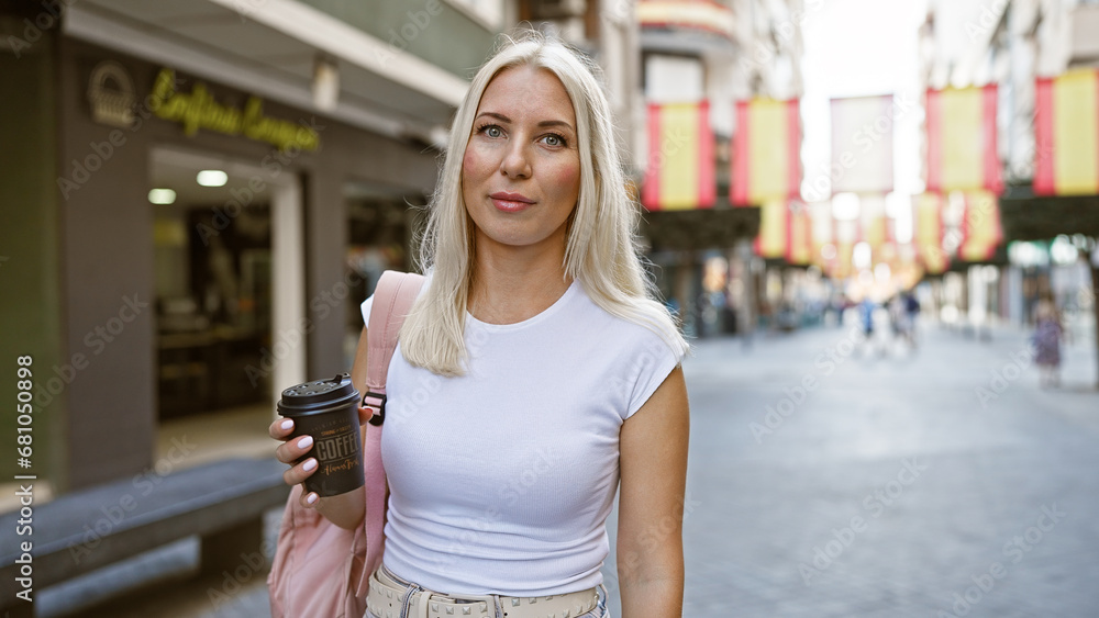 Relaxed and beautiful young blonde woman holding a hot take away coffee cup on a sunny city street, expressing her cool urban lifestyle outdoors.