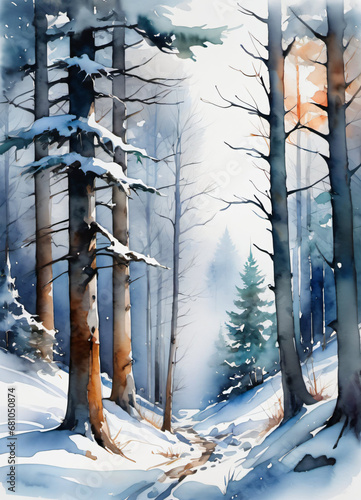 Watercolor Winter forest landscape illustration