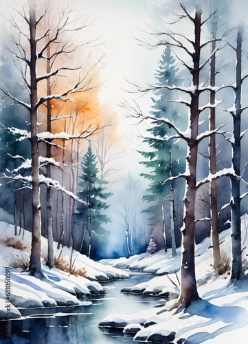 Watercolor Winter forest landscape illustration