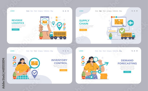Logistics concept. A comprehensive visual guide to modern logistics, showcasing elements of supply chain management, inventory control, and efficient delivery systems. Flat vector illustration