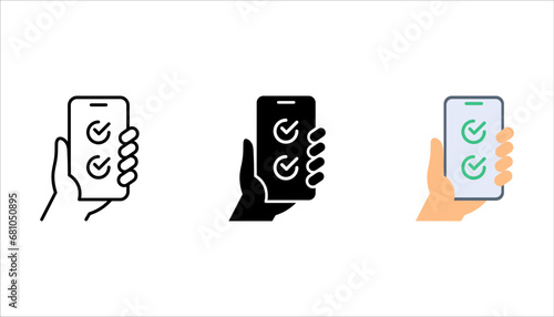 Checkmark on smartphone screen. Green confirmation notification of success, vector illustration on white background
