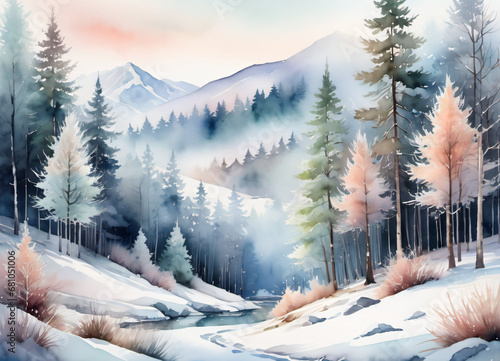Watercolor Winter forest landscape illustration