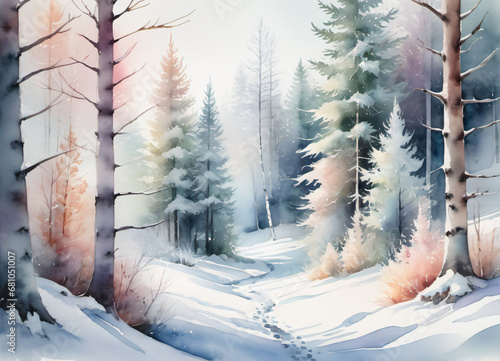 Watercolor Winter forest landscape illustration