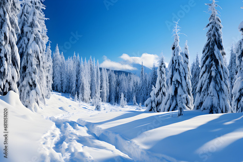 Snow-covered forest in the winter mountains, © ELmidoi-AI