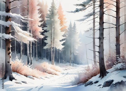 Watercolor Winter forest landscape illustration