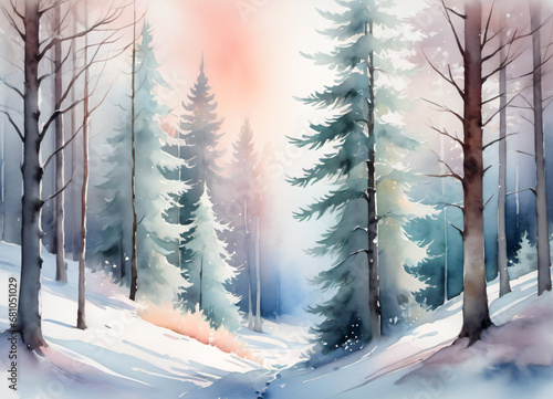 Watercolor Winter forest landscape illustration