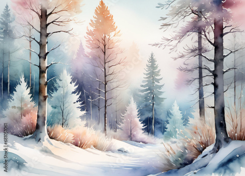 Watercolor Winter forest landscape illustration