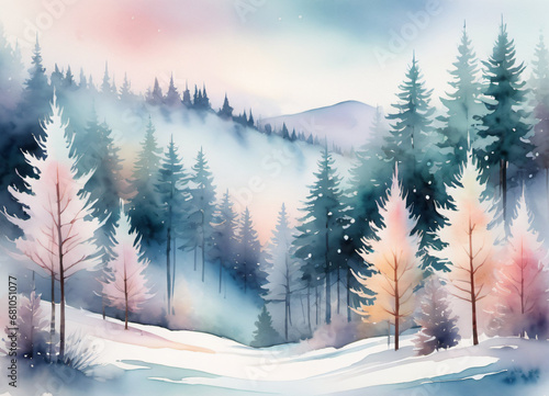 Watercolor Winter forest landscape illustration