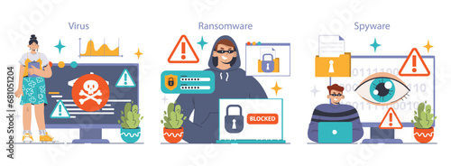 Cybersecurity set. Protecting data from threats. Users confronting various malware types  virus  ransomware  spyware. Adware dangers  botnet traps  worm intrusions. Flat vector illustration