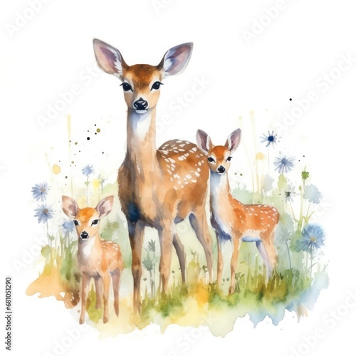 Watercolor illustration of a deer family in a safari garden full of colorful flowers. The deer parent and fawn are playing in nature surrounded by vibrant blooms