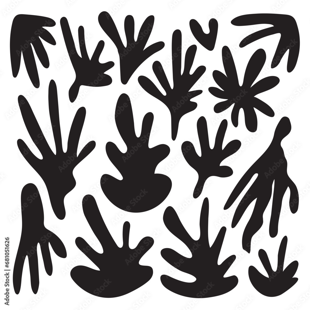 Fototapeta premium Matisse inspired abstract shapes blobs. Modern silhouettes, freehand floral plant doodle leaves set. Simple vector illustration collection isolated on white background