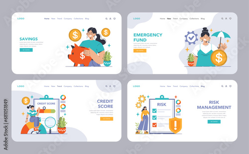 Money Management Essentials set. Budgeting, saving and planning. Financial literacy, investing and risk assessment. Tax strategies and emergency funds. Flat vector illustration
