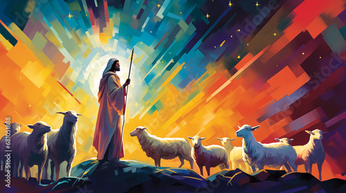 A shepherd in the field looking at the sky. Nativity of Jesus. Christmas concept. photo