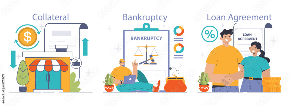 Financial Challenges Set. Exploring the journey from collateral through bankruptcy to a new loan agreement. Economic hurdles, recovery steps. Flat vector illustration