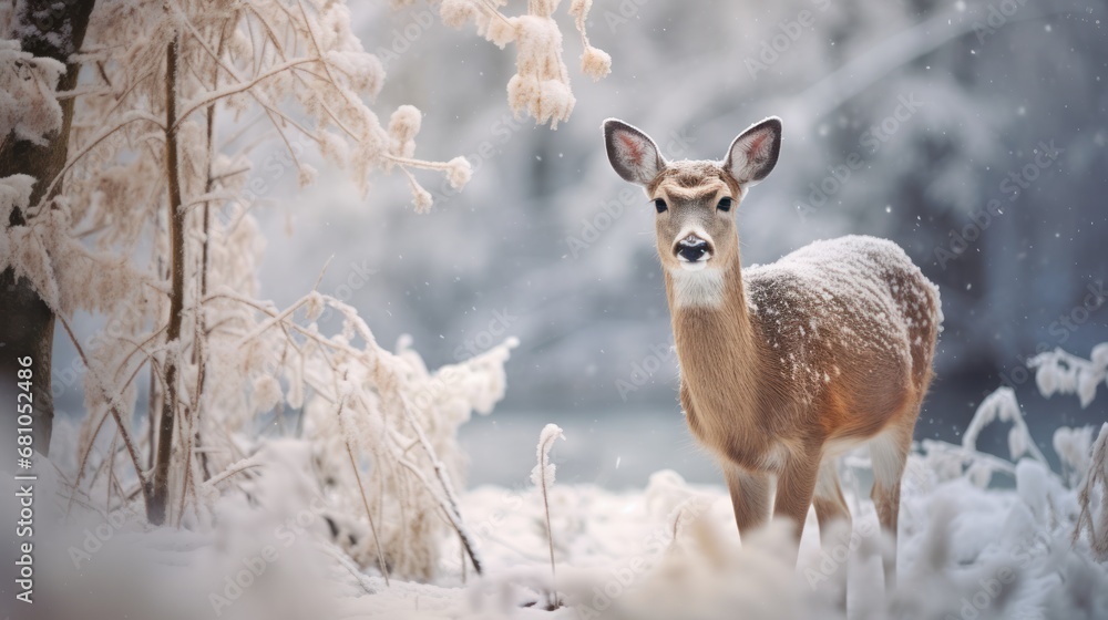 a deer standing in the snow in front of a bunch of snow covered trees in the foreground, with a blurry background of snow - covered branches and snow - covered trees in the foreground. a deer standing in the snow in front of a bunch of snow covered trees in the foreground, with a blurry background of snow - covered branches and snow - covered trees in the foreground.