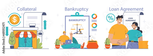 Financial Challenges Set. Exploring the journey from collateral through bankruptcy to a new loan agreement. Economic hurdles, recovery steps. Flat vector illustration