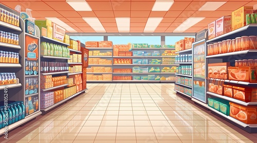 Supermarket aisle perspective view. Vector cartoon illustration of product shelves full of colorful cardboard boxes and food packages, bottles with beverages in refrigerator. Grocery store department photo