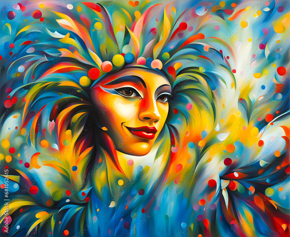 Ilustração abstrata com uma cara carnavalesca e colorida representando o carnaval brasileiro.