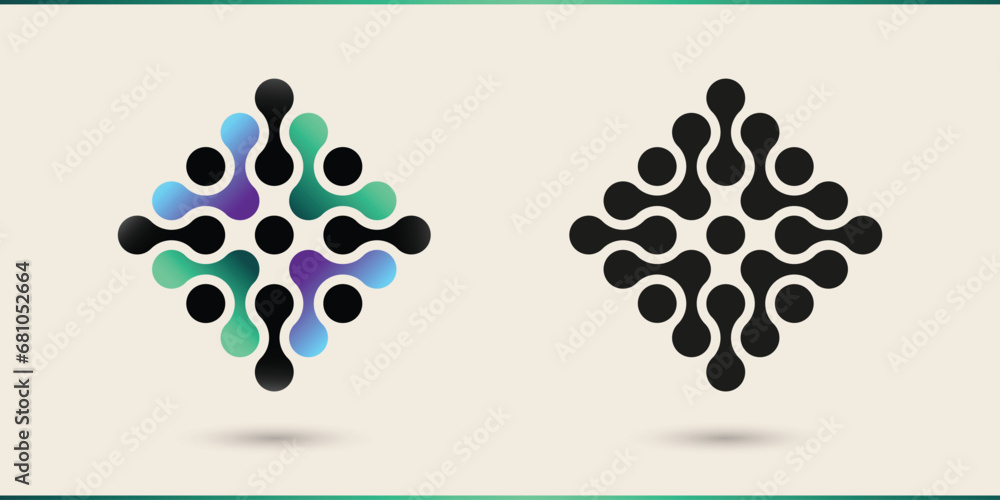 Fototapeta premium electronic data network technology microchip scheme icon logo, circle square connecting dot simple minimal abstract vector symbol