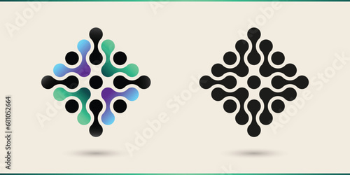 electronic data network technology microchip scheme icon logo, circle square connecting dot simple minimal abstract vector symbol