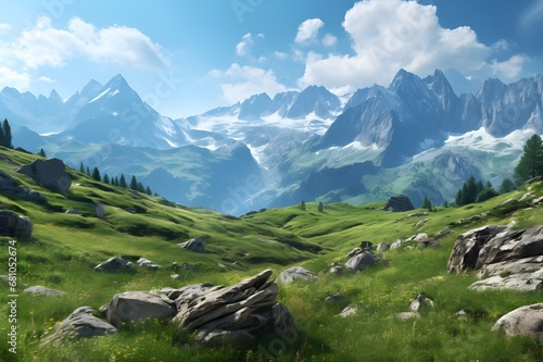 Alpine area with large mountains and vegetation