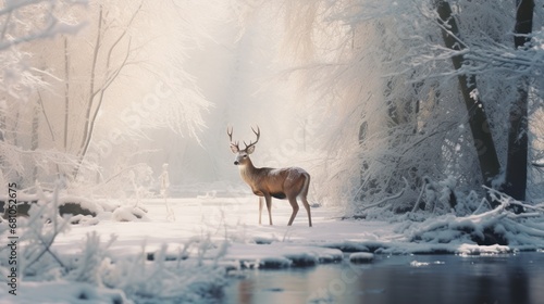  a deer standing in the middle of a snow covered forest with a body of water in the foreground and trees on the other side of the woods with snow.