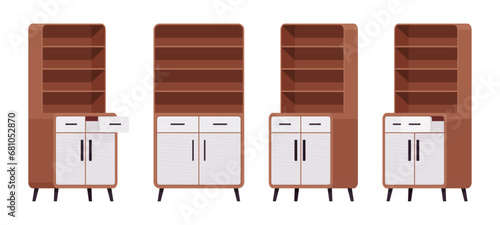 Cupboard brown set, storage kitchen pantry, cabinet or buffet. Functional and attractive open shelf with drawer. Vector flat style cartoon home, office furniture objects isolated on white background