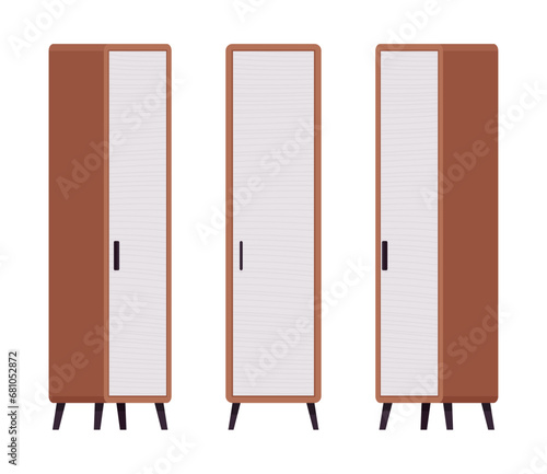 Storage closet, tall slim brown linen one door cabinet set. Wooden living room organizer, bedroom interior item. Vector flat style cartoon home, office furniture objects isolated on white background