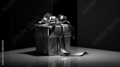  a black and white photo of a present box with a ribbon on the top of it and a bow on the top of the box, on a reflective surface.